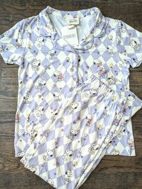 New Large 2pc Peanuts Snoopy Lilac Purple Diamond Retro Print Pajama Pants Set